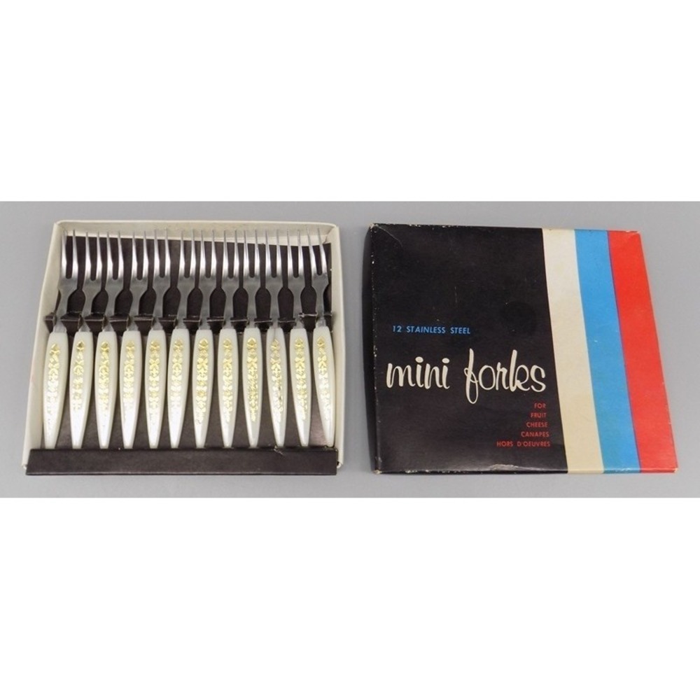 12 Vintage Mini Hors D'Oeuvres Forks For Fruit Cheese Canapes Stainless